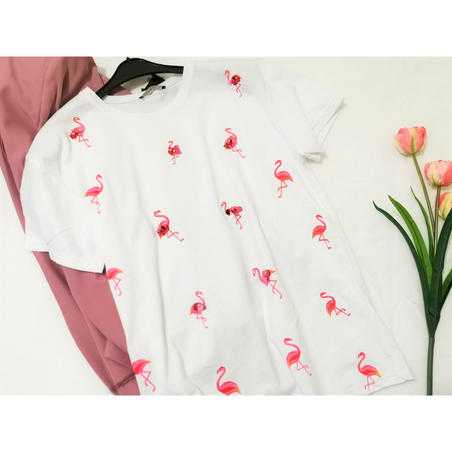 Tricou alb din vascoza cu strasuri Flamingo