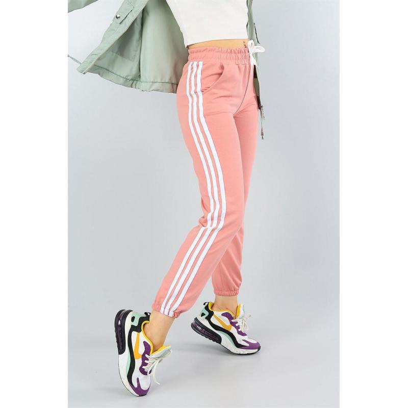 Pantaloni sport roz cu dungi albe laterale, bumbac